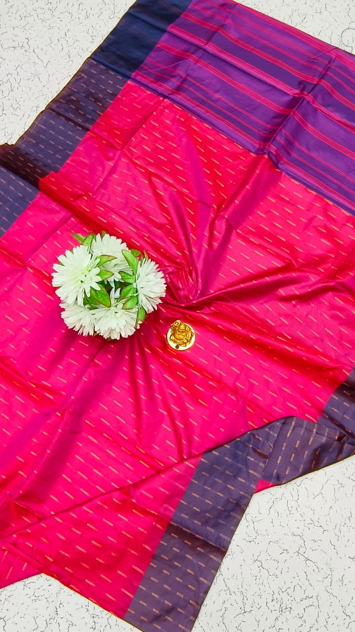 Aarani Purple Blue Soft Silk saree front view with woven pattern and zari border