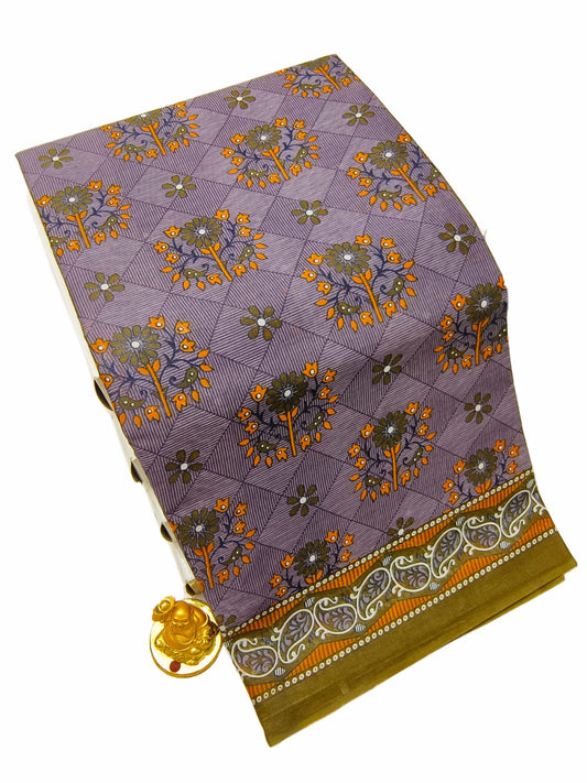 Erode Orange Mustard Voile Cotton saree printed design and border