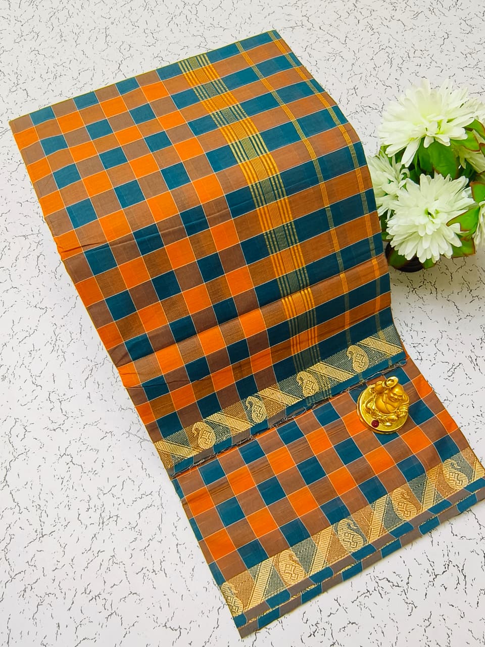 Chettinad Blue Orange Cotton saree front view with woven checks and zari border