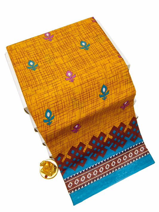 Erode Mustard Blue Brown Voile Cotton saree printed design and border