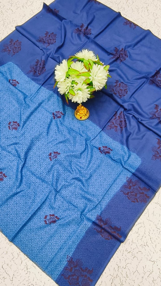 Elampillai Green Soft Cotton Saree with hand block print checks