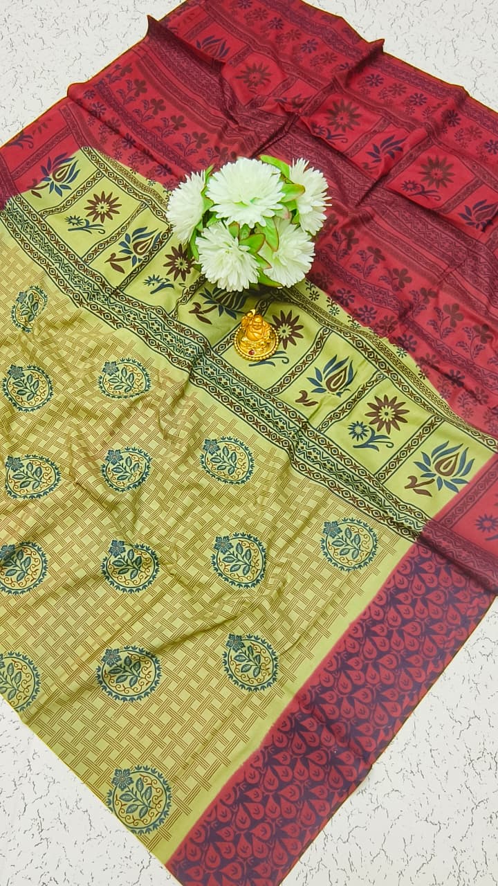 Elampillai Mustard Red Soft Cotton Saree with hand block print checks