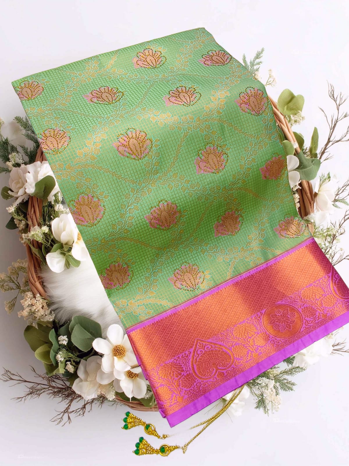 Bridal Stone Work Mint Pink Pure Silk saree with Zari Work, Stone Work, Butta and Jacquard details
