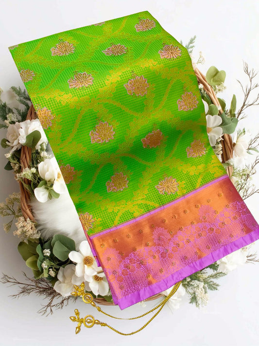 Bridal Stone Work Hot Pink Orange Pure Silk saree with Zari Work, Stone Work, Butta and Jacquard details