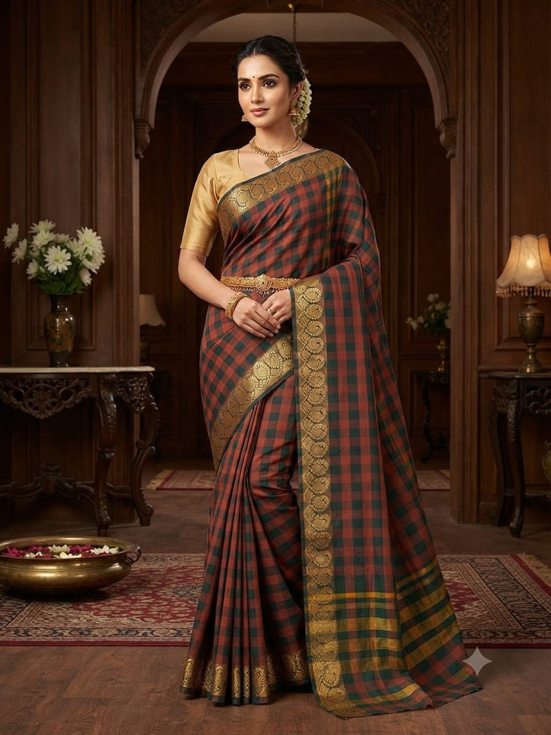 Chettinad Green Red Cotton saree front view with woven checks and zari border