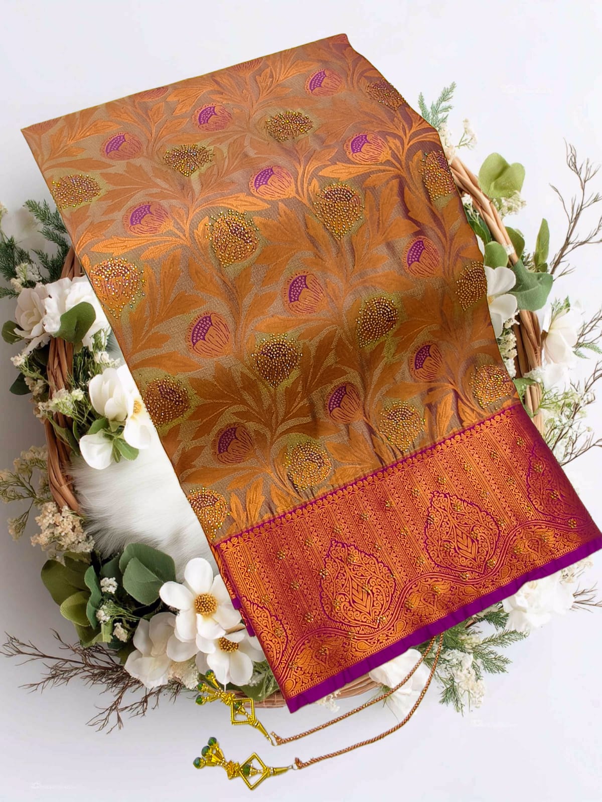 Bridal Stone Work Turquoise Gold Pure Silk saree with Zari Work, Stone Work, Butta and Jacquard details