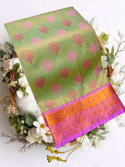 Bridal Stone Work Green Pink Pure Silk saree with Zari Work, Stone Work, Butta and Jacquard details