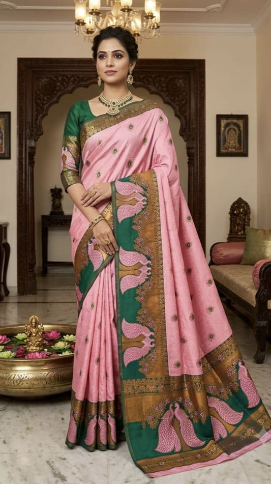 Mayil Yellow Green Soft Silk saree front view with Mayil peacock motifs and zari border