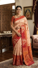Mayil Green Purple Soft Silk saree front view with Mayil peacock motifs and zari border