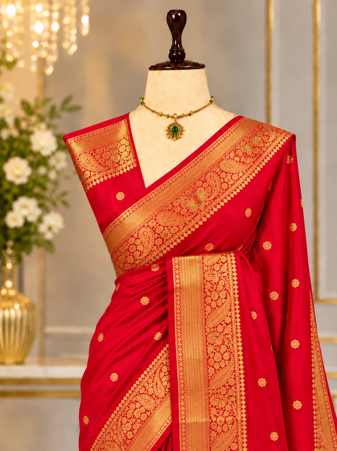 Banaras Silk Saree – Crimson Red Paisley | KATAN01 | Ravee Silk