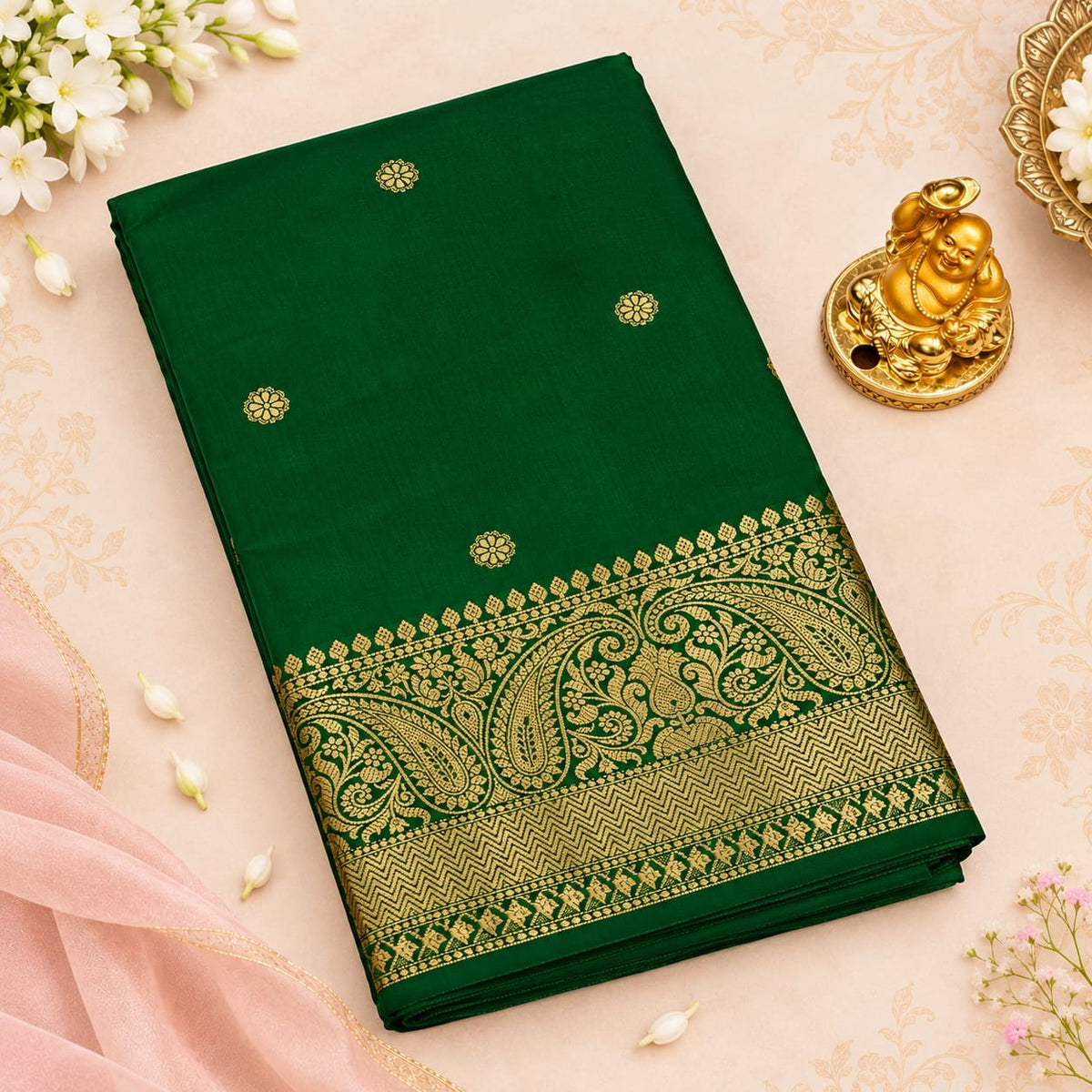Banaras Silk Saree – Bottle Green Paisley | KATAN02 | Ravee Silk