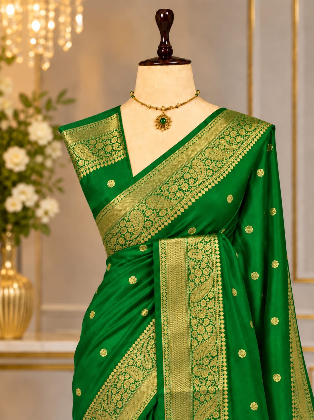 Banaras Silk Saree – Bottle Green Paisley | KATAN02 | Ravee Silk