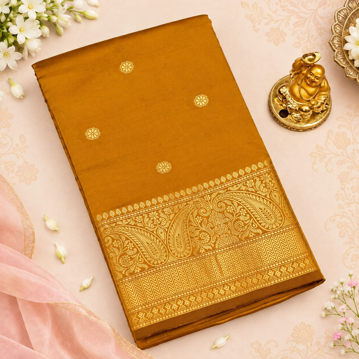 Banaras Silk Saree – Mustard Gold Paisley | KATAN06 | Ravee Silk