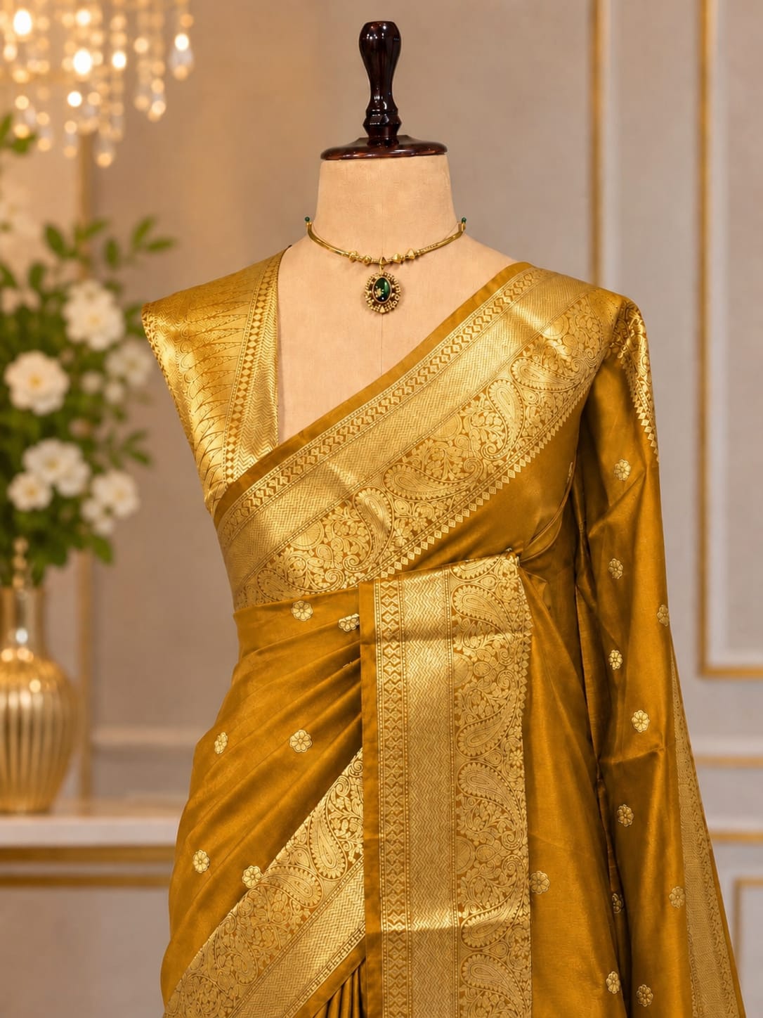 Banaras Silk Saree – Mustard Gold Paisley | KATAN06 | Ravee Silk