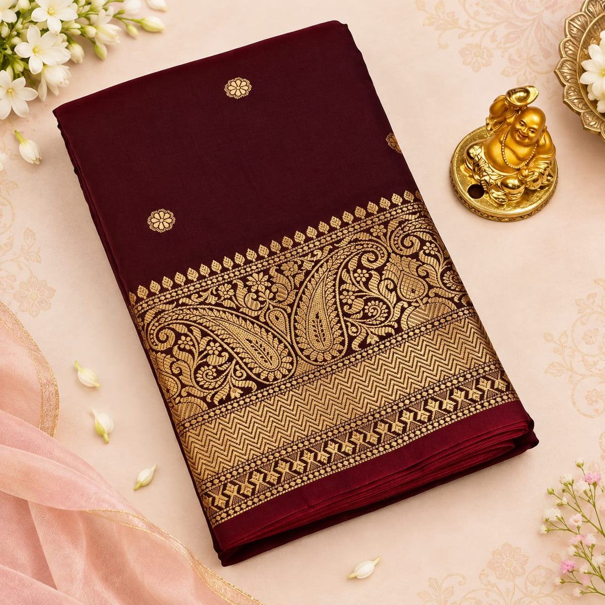 Banaras Silk Saree – Dark Maroon Paisley | KATAN08 | Ravee Silk