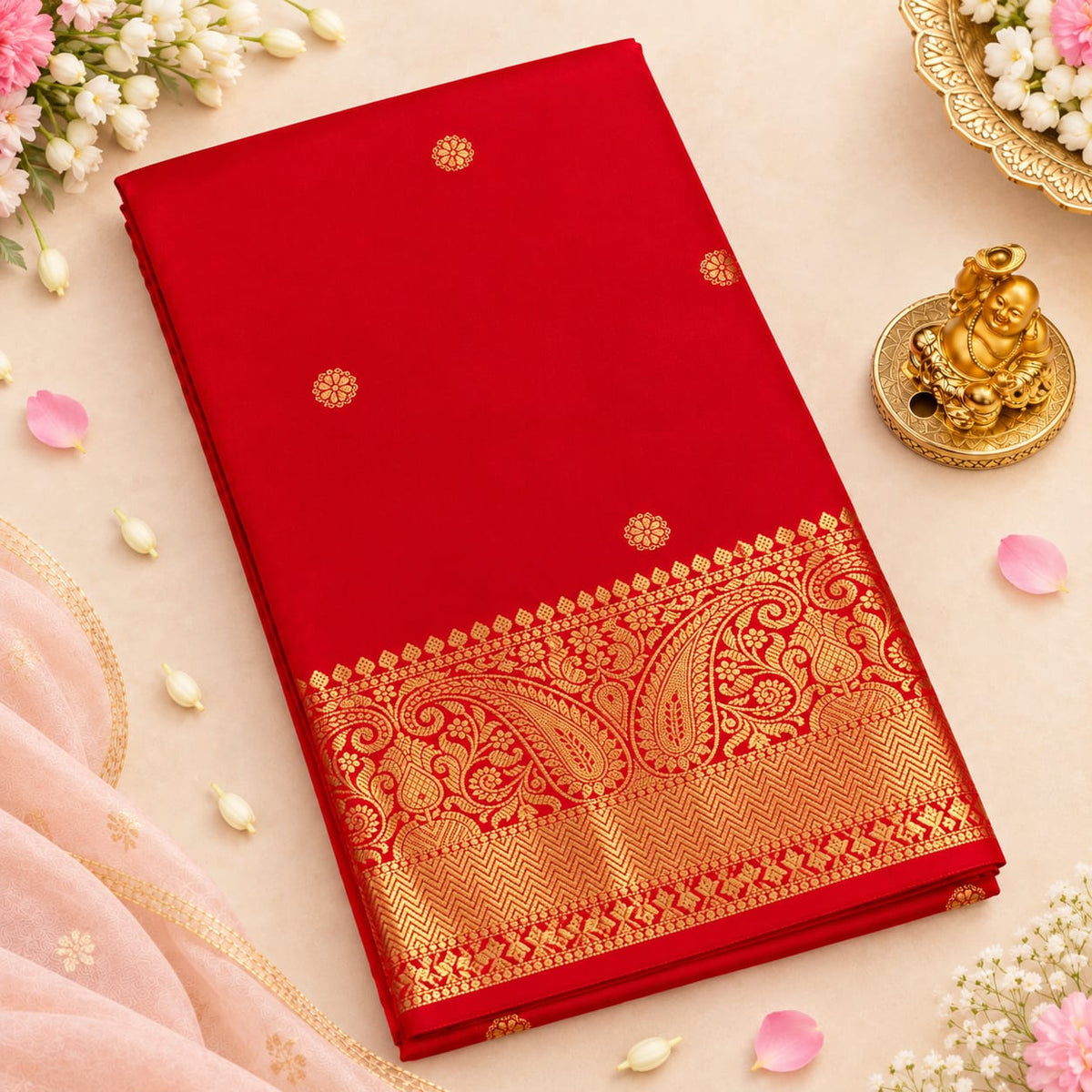 Banaras Silk Saree – Bright Orange Paisley | KATAN09 | Ravee Silk