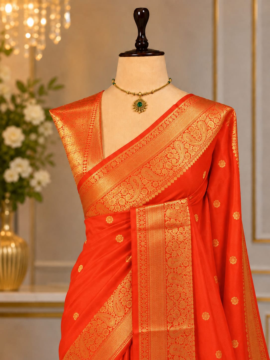 Banaras Silk Saree – Bright Orange Paisley | KATAN09 | Ravee Silk