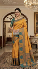 Mayil Mustard Purple Soft Silk saree front view with Mayil peacock motifs and zari border