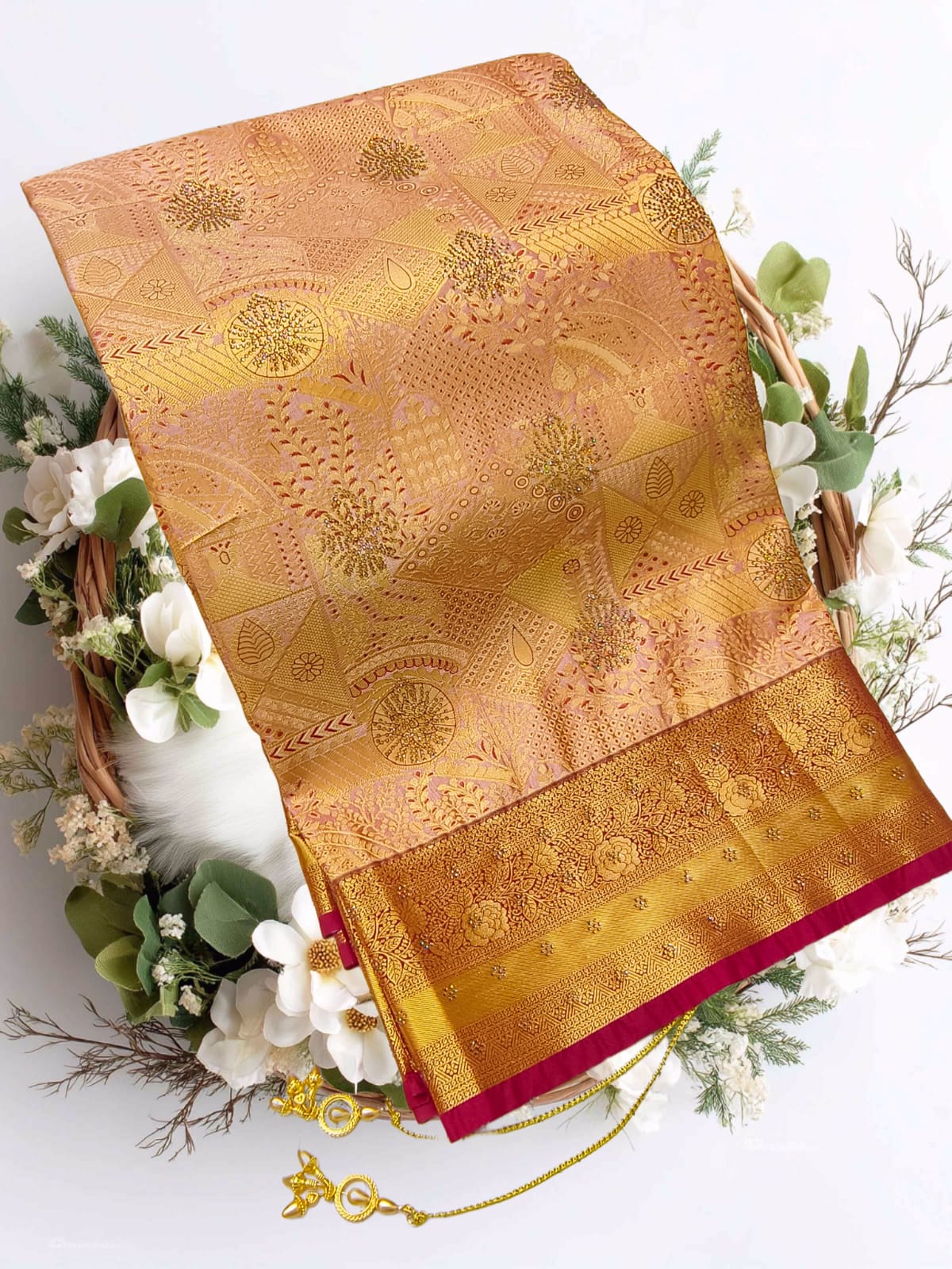Bridal Stone Work Aqua Orange Pure Silk saree with Zari Work, Stone Work, Butta and Jacquard details
