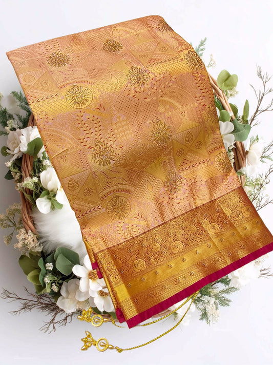 Bridal Stone Work Aqua Orange Pure Silk saree with Zari Work, Stone Work, Butta and Jacquard details