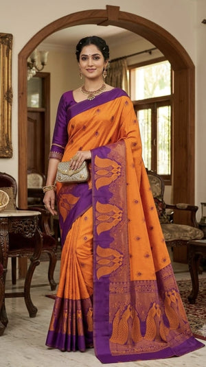 Mayil Pattu Semi Silk Saree – Blue Yellow | MAYIL01 | Ravee Silk
