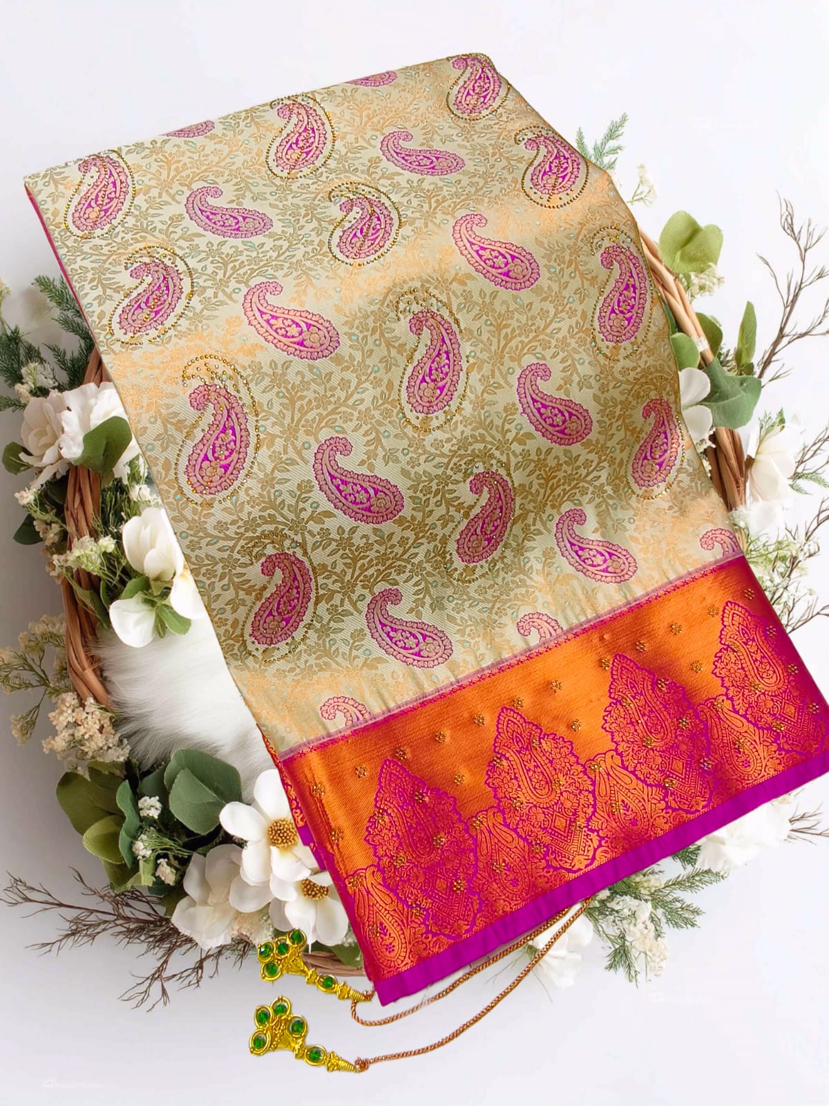 Bridal Stone Work Brown Magenta Pure Silk saree with Zari Work, Stone Work, Butta and Jacquard details