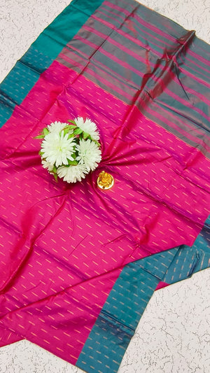 Aarani Soft Silk Saree – Bright Pink Teal | AARAN42 | Ravee Silk