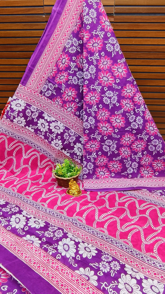 Bengal Purple White Mul Mul Cotton saree with Floral print