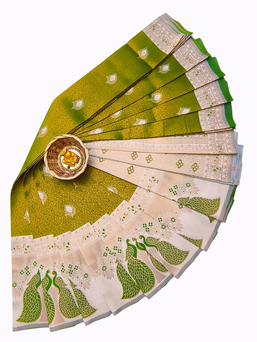 Mayil Green White Soft Silk saree detail view with Mayil peacock motifs and zari border