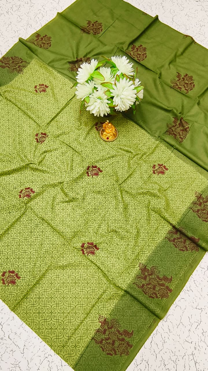 Elampillai Mustard Red Soft Cotton Saree with hand block print checks