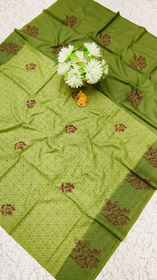 Elampillai Mustard Red Soft Cotton Saree with hand block print checks