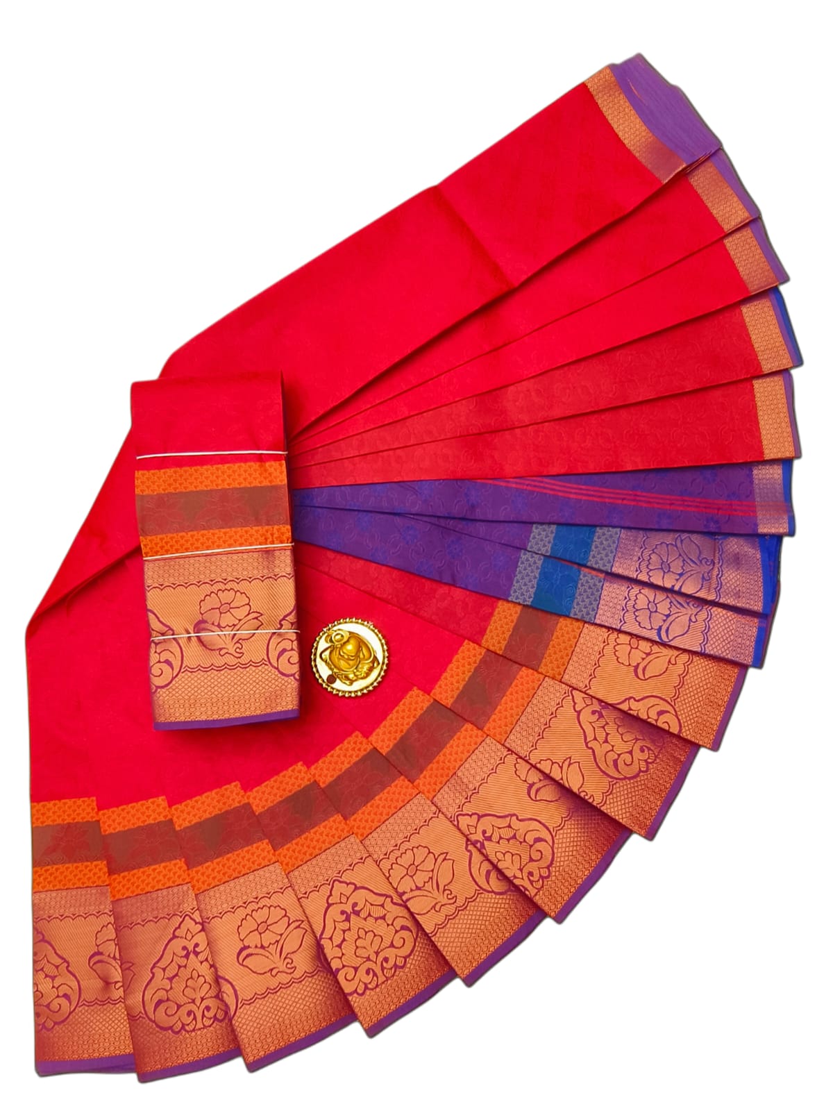 Elampillai Brown Purple Emboss Semi Silk saree front view with woven pattern and zari border