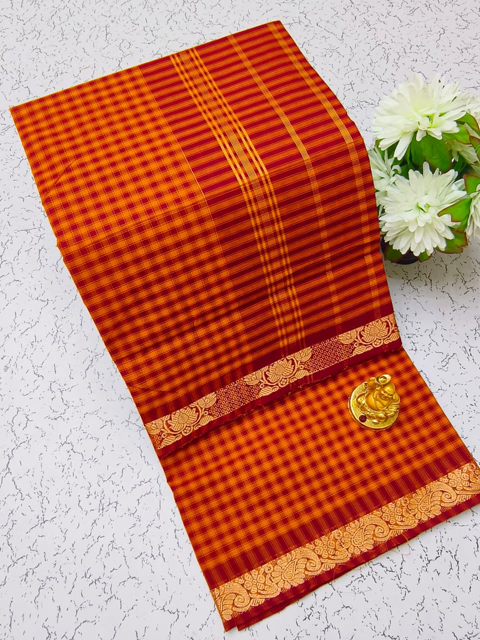 Chettinad Red Orange Cotton saree detail view with woven checks and zari border