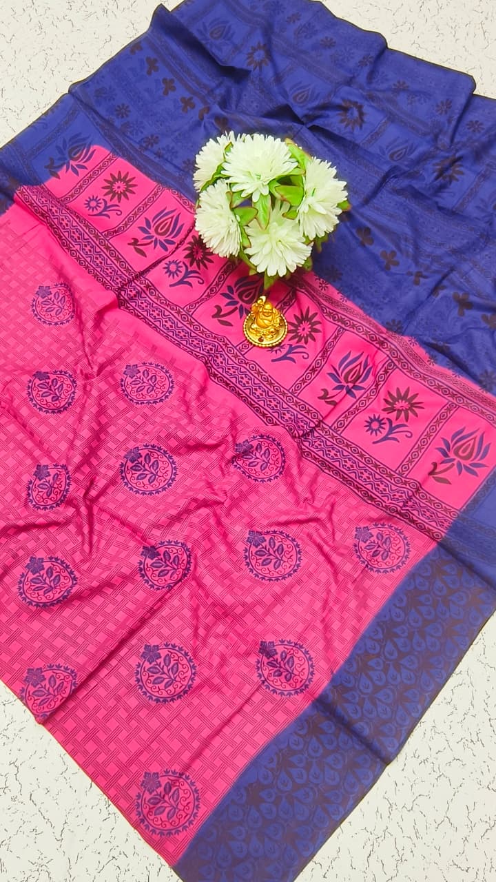 Elampillai Grey Lilac Soft Cotton Saree with hand block print checks