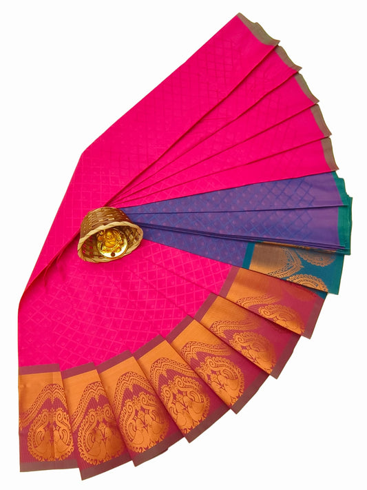 Elampillai Cream Pink Emboss Semi Silk saree front view with woven pattern and zari border