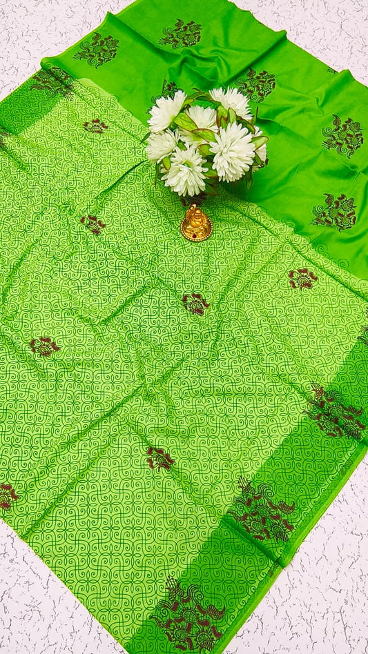 Elampillai Brown Pink Soft Cotton Saree with hand block print checks